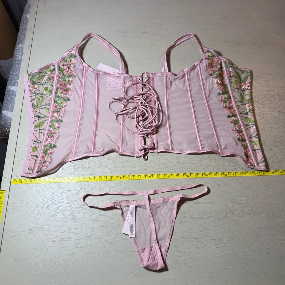 NWT Victoria's Secret Pink Lily Embroidered Corset G String 2 piece Set, Med DD - Picture 7 of 16